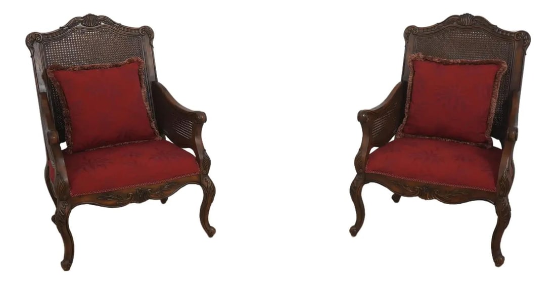 French Bergere Chair Pair Red Damask Double Cane Back: French Bergere Chair Pair Red Damask Double Cane Back This pair of French style bergere chairs features a double cane back design and factory distressed red damask upholstery. With quality constructio