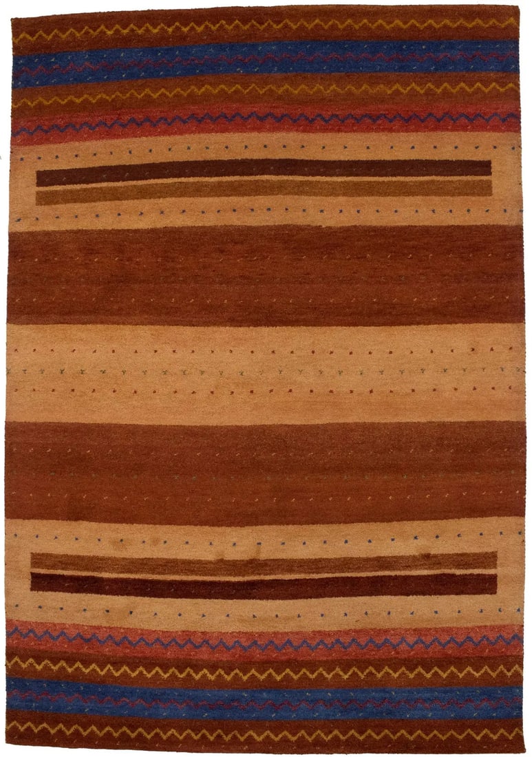 Handmade Multicolored Gabbeh Wool Rug 6'9 x 9'10 Tribal Stripes Design: Handmade Multicolored Gabbeh Wool Rug 6'9 x 9'10 Tribal Stripes Design This exquisite handmade Gabbeh rug features a modern tribal stripes design, crafted from high-quality wool, making it a perfect a