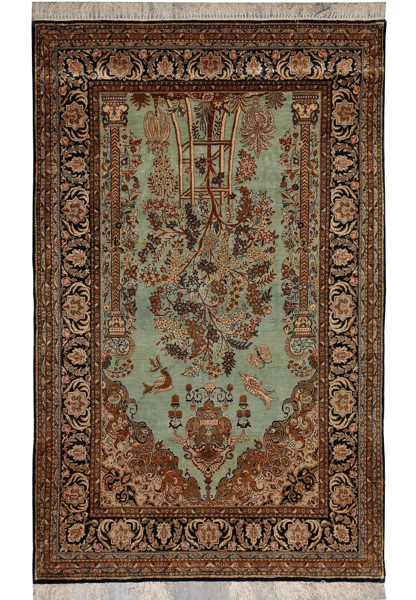 3.7 x 5.9 Authentic Persian Qom Green Silk Hand-Knotted Rug: 3.7 x 5.9 Authentic Persian Qom Green Silk Hand-Knotted Rug Free continental US Shipping This 3.7 x 5.9 green silk rug is an authentic Persian Qom carpet, hand-knotted from 100% natural silk using the