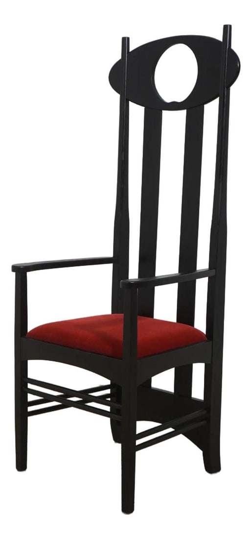 Mid Century Modern Moon Chair by Charles Rennie Mackintosh: Mid Century Modern Moon Chair by Charles Rennie Mackintosh This elegant Mid Century Modern 'Moon' Chair showcases a unique slat back design with a moon shape cutout, embodying the craftsmanship remini