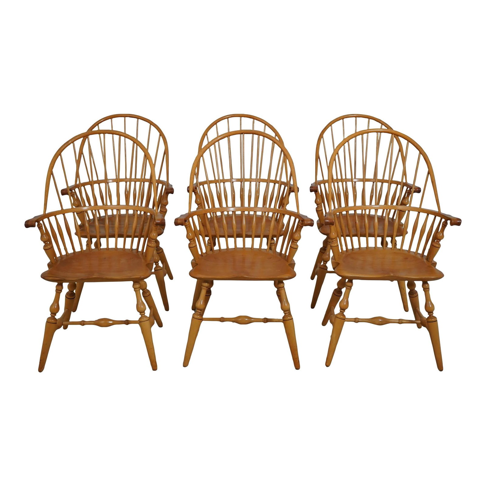 Set of 6 Windsor Style Handcrafted Armchairs Brown Wood: Set of 6 Windsor Style Handcrafted Armchairs Brown Wood This exquisite set of six Windsor style dining room armchairs, crafted around 1984, showcases high-quality construction with a charming blend of