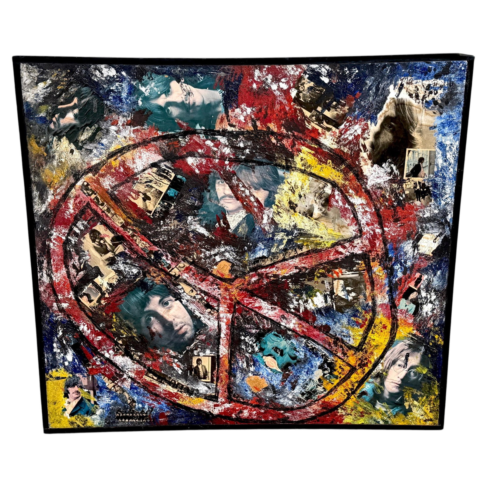 Monumental Mixed Media Beatles Themed Imagine Peace Modern Painting 1970s: Monumental Mixed Media Beatles Themed Imagine Peace Modern Painting 1970s This monumental mixed media painting, titled 'Imagine Peace,' centers on The Beatles and was created in the 1970s. Executed on