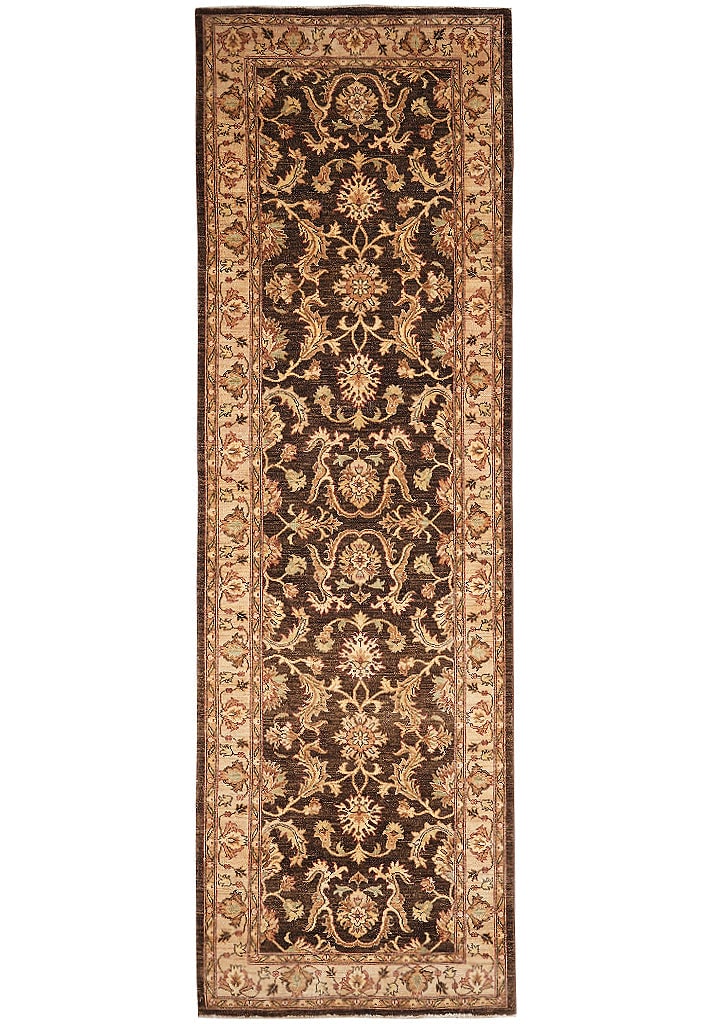 4 x 12.3 Handmade Dark Brown Ghazni Wool Chobi Peshawar Runner Rug 48 x 147 in: 4 x 12.3 Handmade Dark Brown Ghazni Wool Chobi Peshawar Runner Rug 48 x 147 in Free continental US Shipping This 4 x 12.3 dark brown Chobi Peshawar rug is finely hand-knotted in Pakistan from premium 