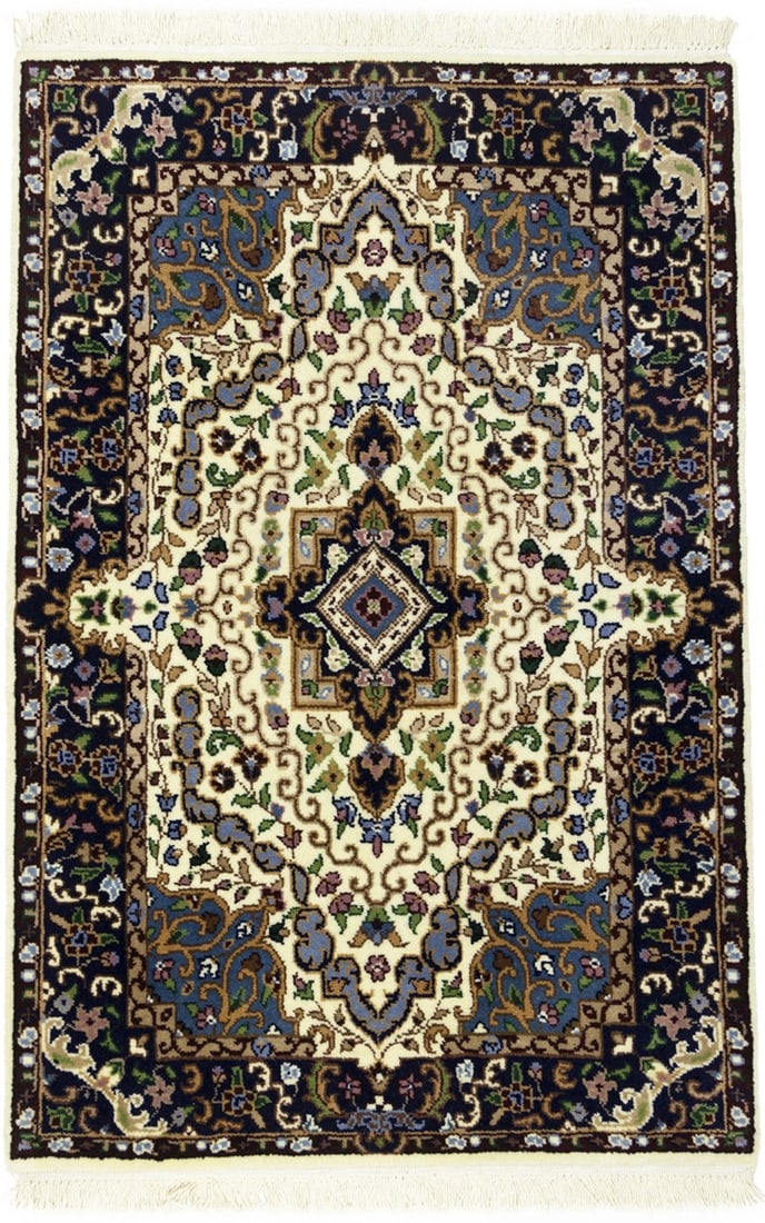 Handmade Kirman Wool Floral Area Rug 2'7 X 3'11: Handmade Kirman Wool Floral Area Rug 2'7 X 3'11 This handmade Kirman rug features a classic floral oriental design with a rich color palette that includes cream, dark navy, green, blue, beige, brown, 