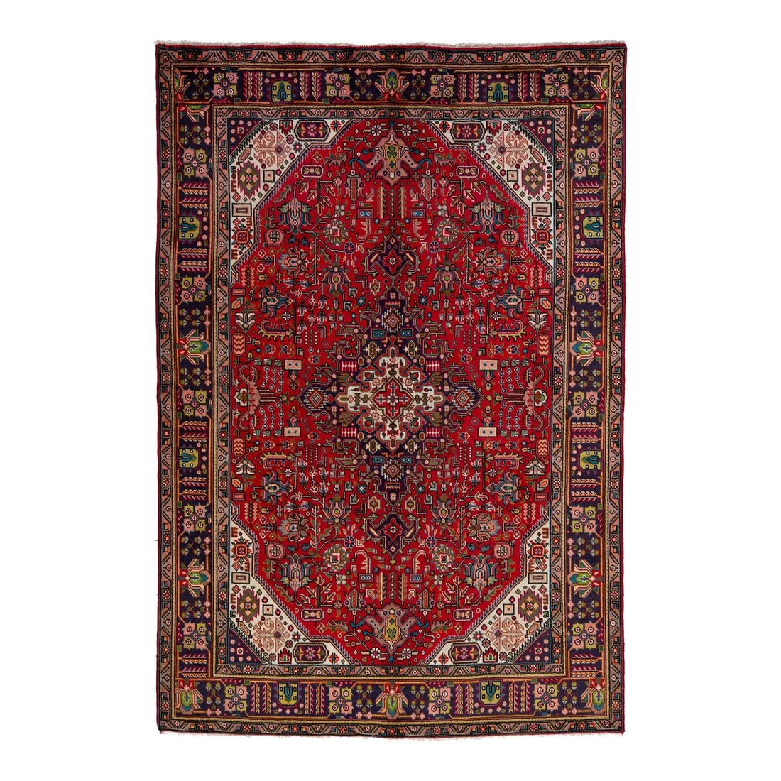 1960s Vintage Heriz Persian Wool Rug Red Medallion 6'6" x 9'7": 1960s Vintage Heriz Persian Wool Rug Red Medallion 6'6" x 9'7" This exquisite Vintage Heriz Persian wool rug showcases a striking red field adorned with multicolor accents, featuring a classic medalli