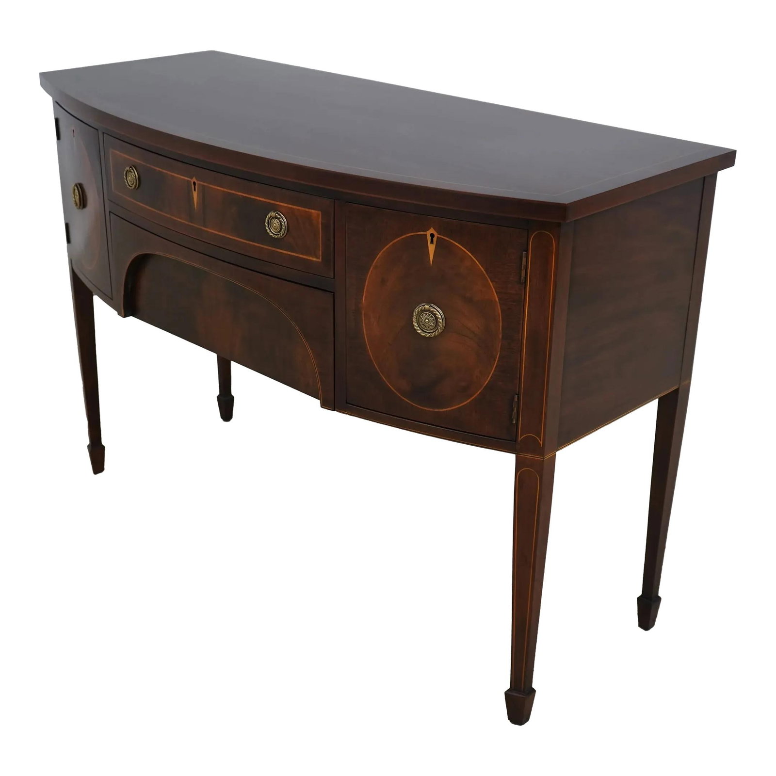 Henkel Harris Bow Front Mahogany Inlaid Sideboard Buffet C.1971: Henkel Harris Bow Front Mahogany Inlaid Sideboard Buffet C.1971 This exquisite Henkel Harris Bow Front Inlaid Sideboard Buffet exudes timeless elegance, crafted around 1971. Featuring a rich mahogany 