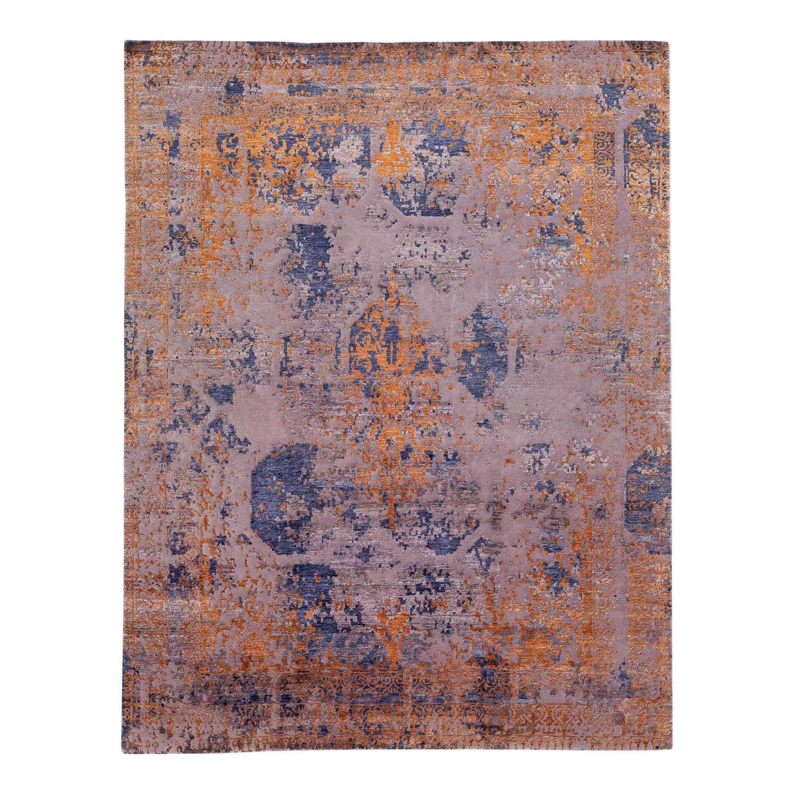 Handmade Tibetan Wool Silk Rug 8' x 10' Blue Orange Abstract: Handmade Tibetan Wool Silk Rug 8' x 10' Blue Orange Abstract Enhance your living space with this stunning modern Tibetan Indian rug, handcrafted from a luxurious blend of wool and silk. The vibrant bl