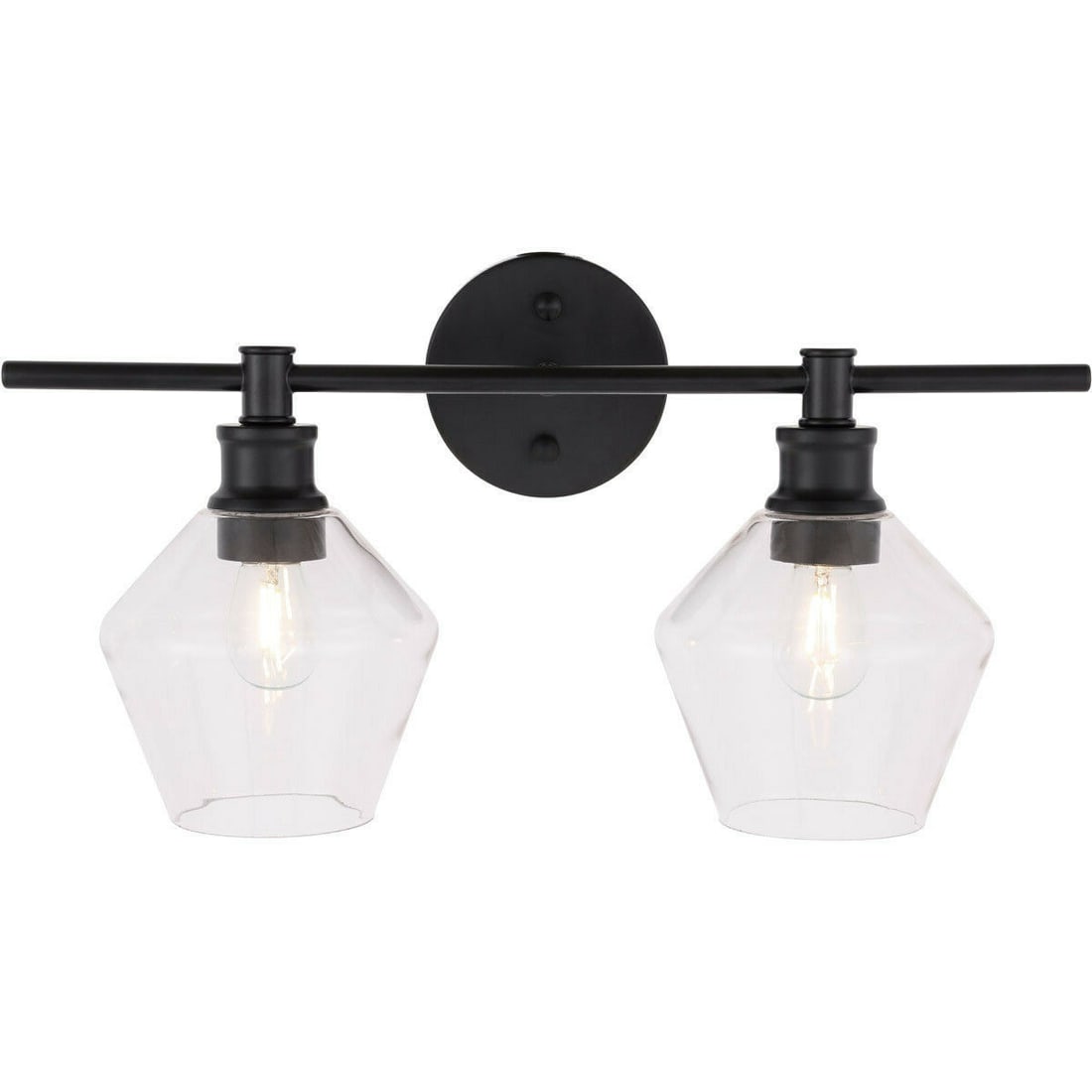 Gene 2 Light Black Metal Wall Sconce with Clear Glass Shades 19.1 in: Gene 2 Light Black Metal Wall Sconce with Clear Glass Shades 19.1 in This modern wall sconce features a black metal frame paired with clear glass round shades, offering a contemporary look for various