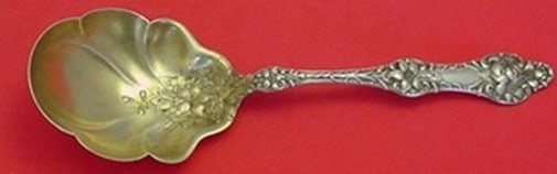 Sterling Silver Berry Spoon Alvin Old Orange Blossom Gold Washed 9 1/4": Sterling Silver Berry Spoon Alvin Old Orange Blossom Gold Washed 9 1/4" Sterling silver berry spoon in the Old Orange Blossom pattern by Alvin / Gorham. This large spoon has a gold washed finish, is n