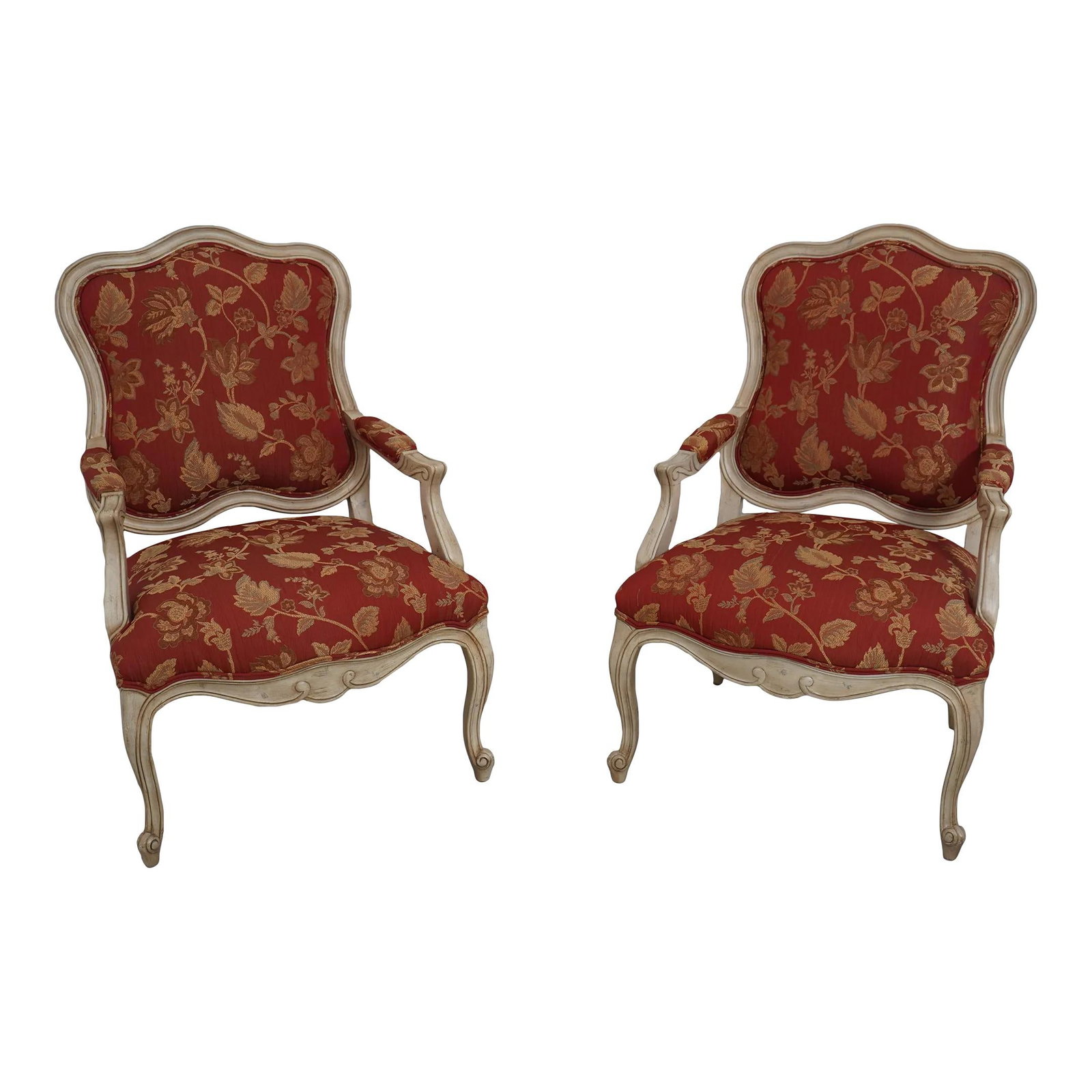 Elegant Pair of French Style Upholstered Armchairs Off-White Antique Finish: Elegant Pair of French Style Upholstered Armchairs Off-White Antique Finish This pair of decorative French style upholstered armchairs showcases quality construction with elegantly scrolled legs and a