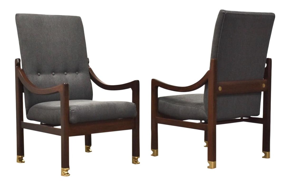 Ib Kofod Larsen Megiddo Lounge Chairs Pair Rare Brass Charcoal Fabric: Ib Kofod Larsen Megiddo Lounge Chairs Pair Rare Brass Charcoal Fabric Discover an extremely rare pair of lounge chairs designed by Ib Kofod Larsen for the Megiddo Collection, originally commissioned b