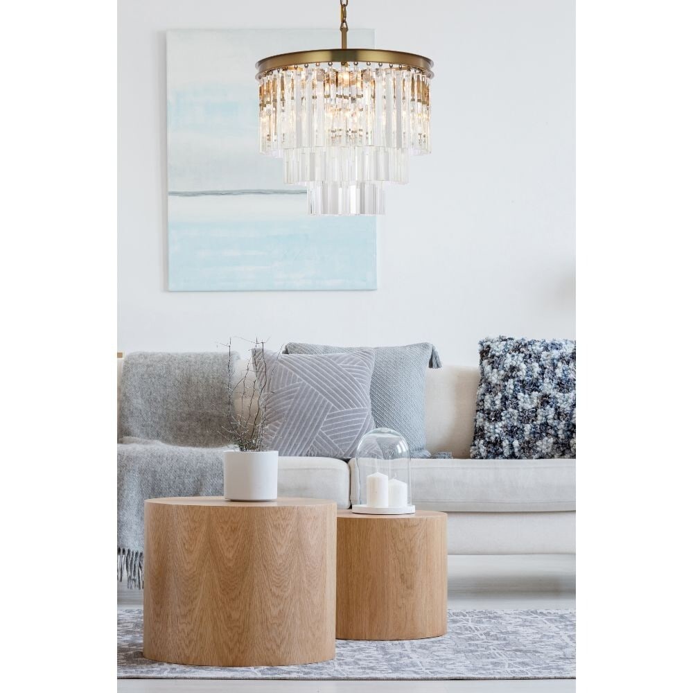 Lighting Sydney 9 Light Crystal Chandelier Satin Gold 20 in: Lighting Sydney 9 Light Crystal Chandelier Satin Gold 20 in Modern crystal chandelier with a satin gold finish, featuring 9 lights and clear Royal Cut crystals. It is height-adjustable with an adjusta