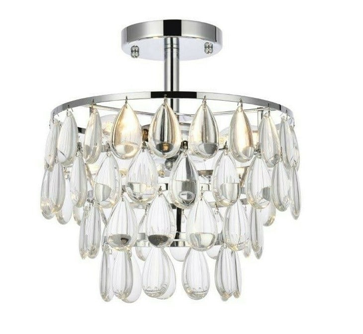 Living District Mila 12 inch chrome crystal flush mount chandelier: Living District Mila 12 inch chrome crystal flush mount chandelier This modern flush mount chandelier features a polished chrome finish and is designed with high-quality glass or crystal drops. It acc