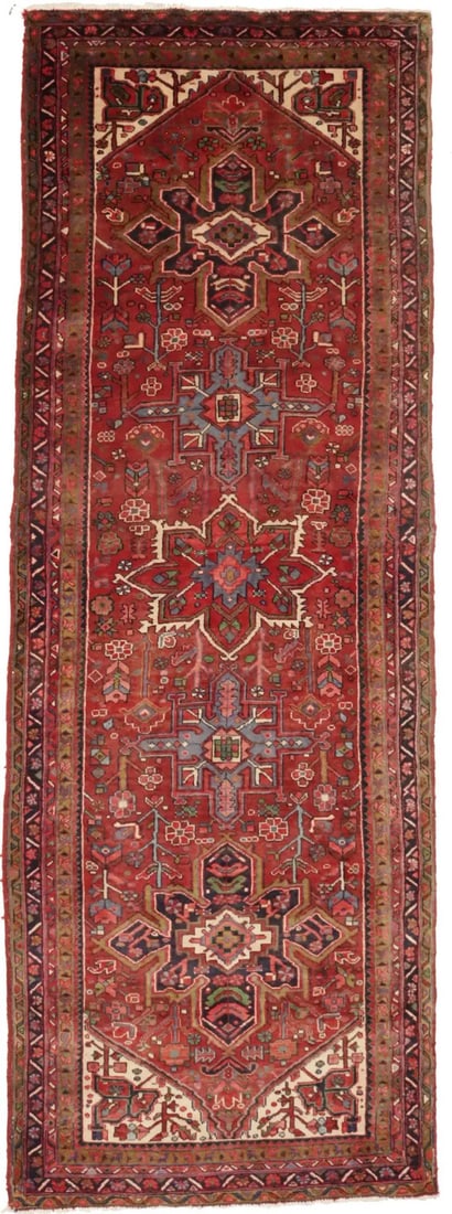 Heriz Hand Knotted Wool Runner 4'5 x 12'8 Vintage Floral: Heriz Hand Knotted Wool Runner 4'5 x 12'8 Vintage Floral Add elegance to your space with this Semi-Antique Heriz Oriental Rug, featuring a traditional design that blends beautifully with various decor