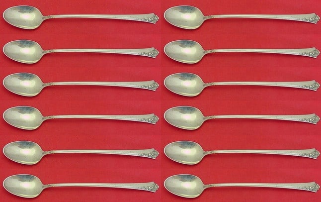 12 Sterling Silver Iced Tea Spoons Oneida Damask Rose 7 1/2": 12 Sterling Silver Iced Tea Spoons Oneida Damask Rose 7 1/2" A 12-piece sterling silver iced tea set in the Damask Rose pattern by Oneida. The set is post-1940 and made in the United States. It is not