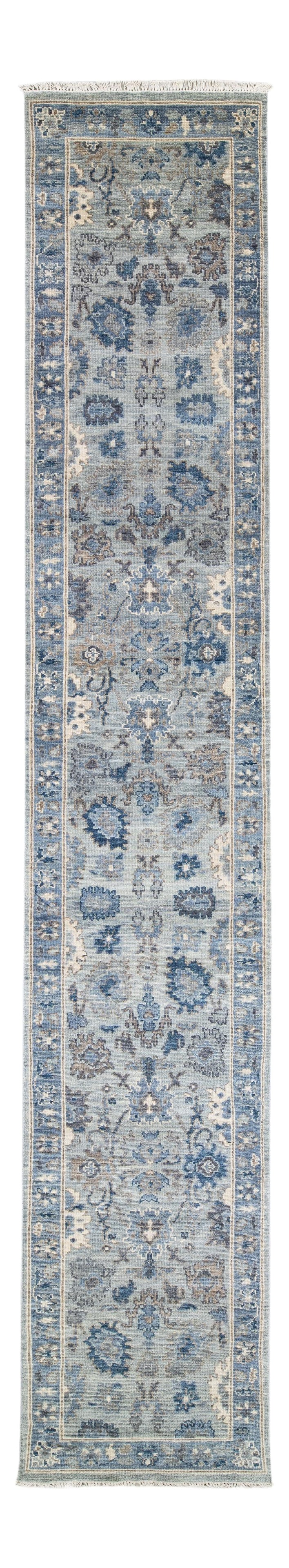 Elegant Oushak Style Wool Runner Silver Blue Floral Design 3'1 x 17'10: Elegant Oushak Style Wool Runner Silver Blue Floral Design 3'1 x 17'10 This stunning modern Oushak hand-knotted wool runner features a silver-gray field complemented by a striking blue designed frame 