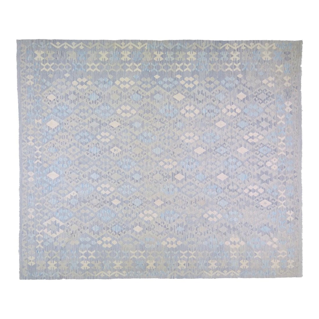 Blue Wool Maimana Kilim Flatweave Rug with Diamond Pattern 9'X11'2": Blue Wool Maimana Kilim Flatweave Rug with Diamond Pattern 9'X11'2" This Afghan Maimana rug is a hand-knotted, flatweave kilim crafted from wool. It features a natural color palette with a distinctive