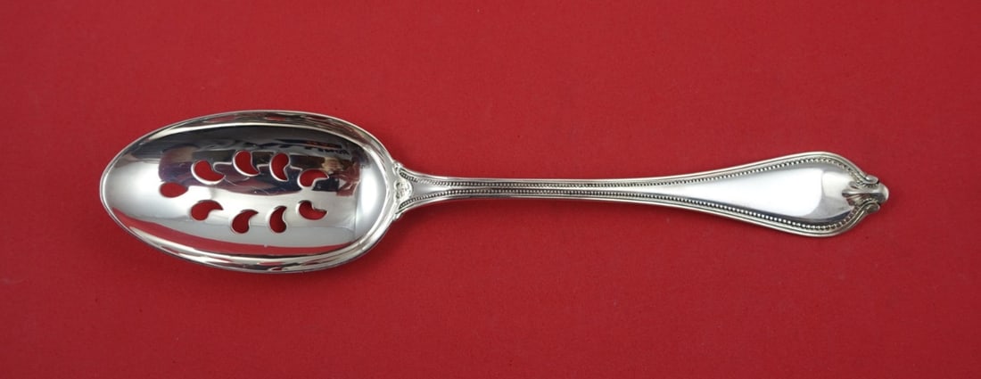 Custom 8 Inch Sterling Silver Pierced Serving Spoon Old Newbury 9 Hole: Custom 8 Inch Sterling Silver Pierced Serving Spoon Old Newbury 9 Hole This is a sterling silver pierced serving spoon featuring 9 holes, custom made in the Old Newbury pattern by Towle. The spoon mea