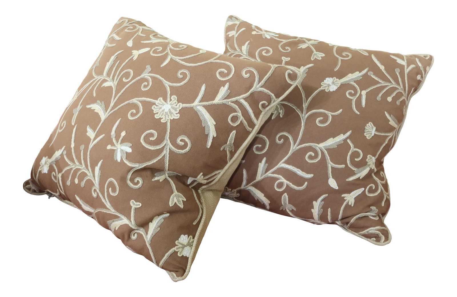Pair of 20 Inch Brown Crewelwork Square Pillows Down Filled: Pair of 20 Inch Brown Crewelwork Square Pillows Down Filled Enhance your living space with this stunning pair of 20-inch crewelwork square pillows. These pillows are crafted from high-quality fabric a