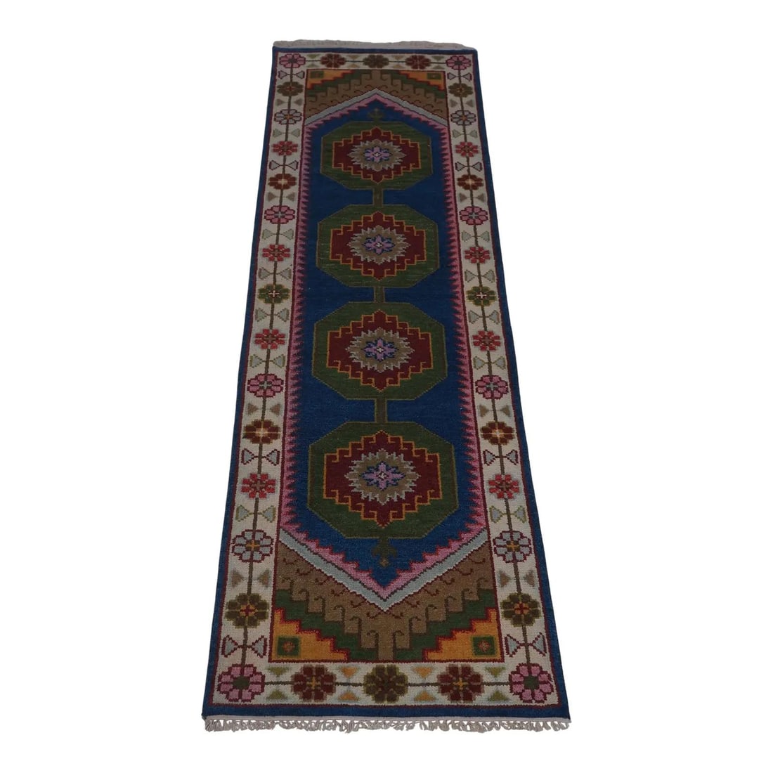 Handmade Turkish Wool Runner Rug 30 x 99 Blue Vibrant Colors: Handmade Turkish Wool Runner Rug 30 x 99 Blue Vibrant Colors This Turkish hand-knotted runner rug features a 100% wool pile and showcases bright, vibrant colors. With high-quality construction and a g