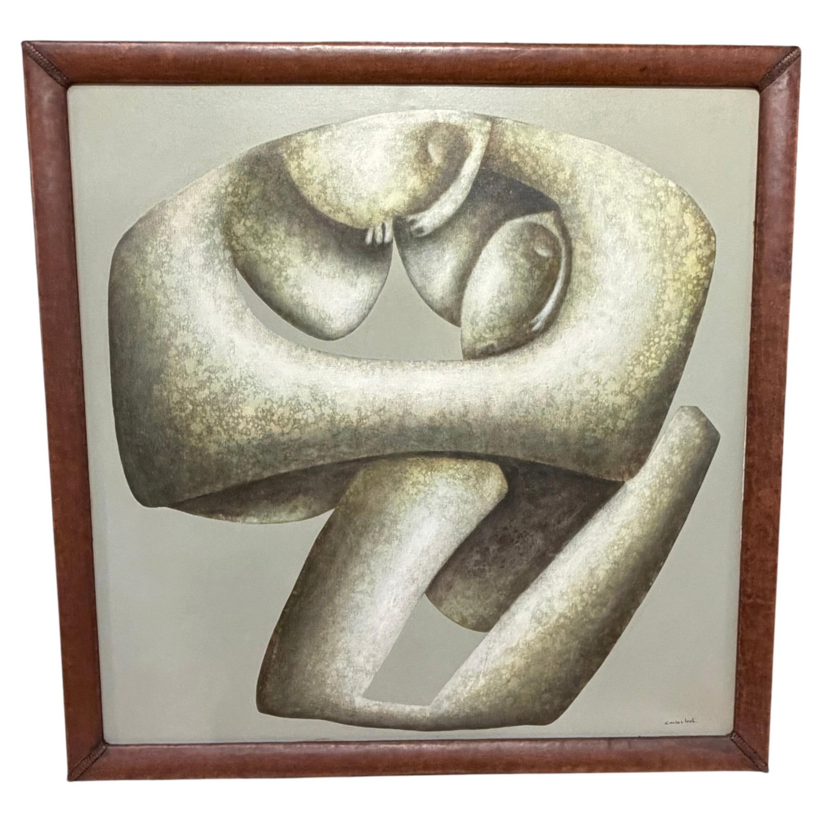 Carlos Leon Cruz Abstract Oil Painting in Custom Leather Frame: Carlos Leon Cruz Abstract Oil Painting in Custom Leather Frame This abstract oil on canvas by Peruvian artist Carlos Leon Cruz, titled "Untitled," showcases a restrained composition influenced by the 