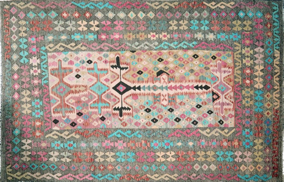 Vintage Maimana Kilim Afghan Rug Organic Wool Geometric 6'7" x 10'1": Vintage Maimana Kilim Afghan Rug Organic Wool Geometric 6'7" x 10'1" This vintage Afghan Maimana kilim is hand woven using organic wool and features a geometric pattern in natural colors. The rug show