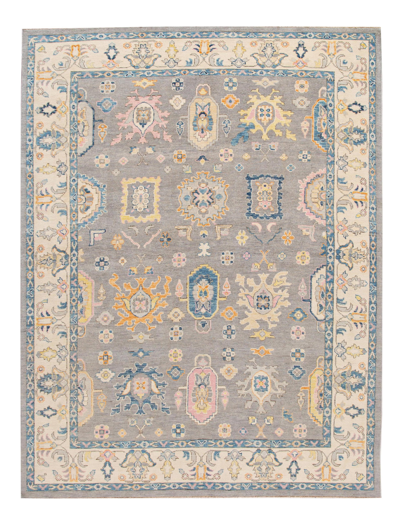 Gray Modern Oushak Handmade Wool Rug 9'4" x 12'1": Gray Modern Oushak Handmade Wool Rug 9'4" x 12'1" Enhance your space with this exquisite contemporary Oushak hand-knotted wool rug featuring a stunning botanical floral design set against a soft gray 