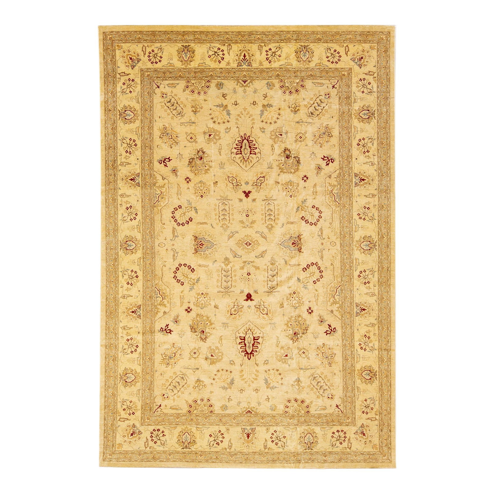 Oversize Beige Peshawar Handmade Wool Rug with Palmettes Design 11'11 x 17'11: Oversize Beige Peshawar Handmade Wool Rug with Palmettes Design 11'11 x 17'11 This exquisite Peshawar handmade wool rug features a modern beige field adorned with a stunning all-over Classic vine scro