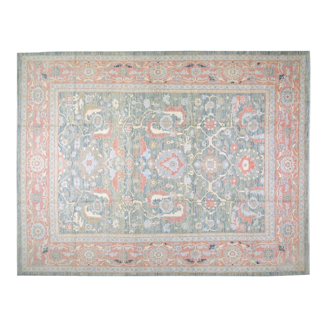 Slate Gray Wool Oushak Rug Hand Knotted 12'x15'7" Turkish Design: Slate Gray Wool Oushak Rug Hand Knotted 12'x15'7" Turkish Design This Turkish Oushak rug is hand-knotted from wool using traditional techniques, offering a blend of timeless craftsmanship and modern d