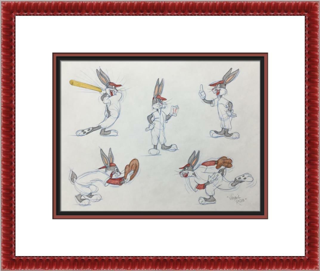 Virgil Ross signed Bugs Bunny model sheet in custom frame: Virgil Ross signed Bugs Bunny model sheet in custom frame This is an original model sheet drawing featuring Bugs Bunny, illustrated and signed by legendary animator Virgil Ross. Created for Warner Bro