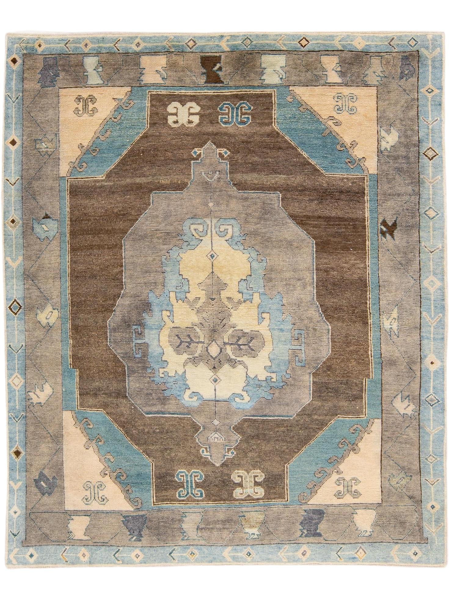 Modern Brown Oushak Hand-Knotted Wool Rug 7'11 x 9'9 Floral Design: Modern Brown Oushak Hand-Knotted Wool Rug 7'11 x 9'9 Floral Design Enhance your living space with this beautiful modern Oushak hand-knotted wool rug, featuring a rich brown field adorned with a stunni