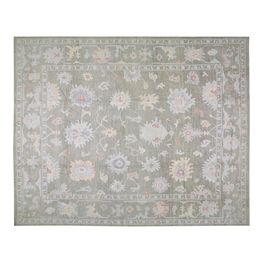 12'x15' Wool Area Rug in Oushak Style Hand Knotted Turkish Design: 12'x15' Wool Area Rug in Oushak Style Hand Knotted Turkish Design This hand-knotted Turkish Oushak wool rug showcases traditional craftsmanship combined with modern design sensibilities. Its soft, dur