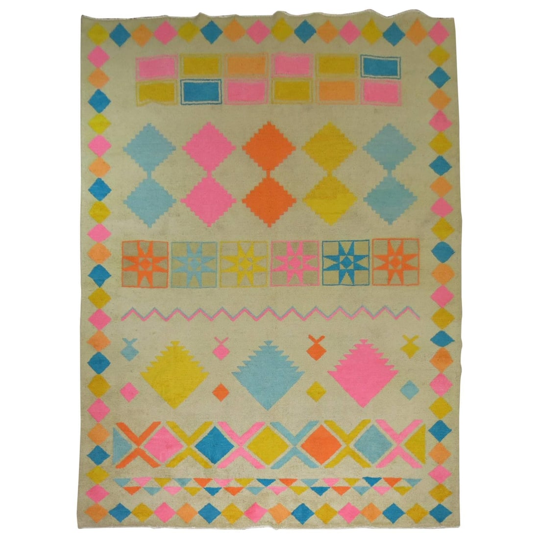 Mid Century Turkish Wool Hand Knotted Futurist Rug 93 x 132: Mid Century Turkish Wool Hand Knotted Futurist Rug 93 x 132 This unique mid-20th century Turkish rug features a vibrant and eclectic design with dynamic accents in bright pink, orange, and blues. Hand