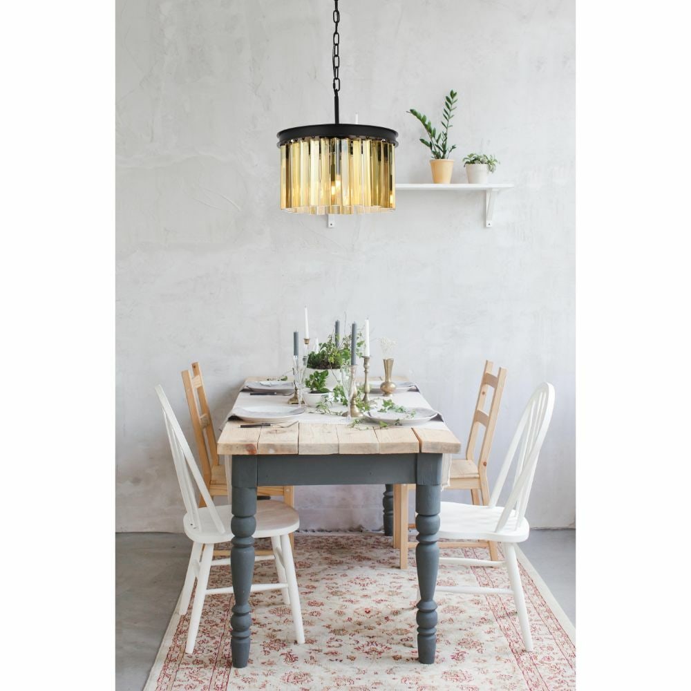 Sydney 3-Light Crystal Chandelier Matte Black 16 in Golden Teak: Sydney 3-Light Crystal Chandelier Matte Black 16 in Golden Teak Modern 3-light chandelier pendant with a matte black finish and golden teak crystal accents. It is hardwired, height-adjustable, and des