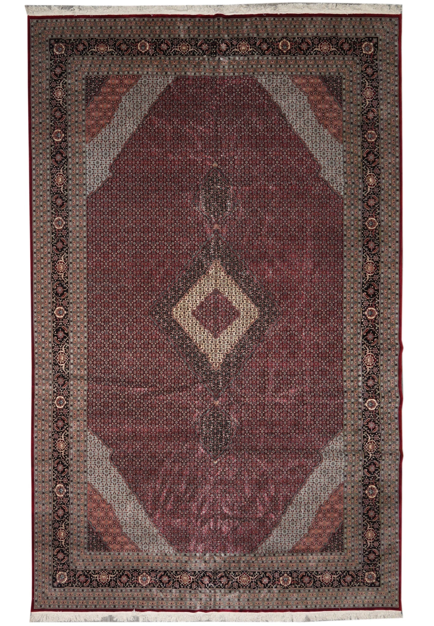 12 x 18.6 Fine Quality Wool and Silk Mahi Tabriz Rug: 12 x 18.6 Fine Quality Wool and Silk Mahi Tabriz Rug Free continental US Shipping Hand-knotted Persian rug with a fine quality wool and silk construction, featuring a Mahi Tabriz style and a decorativ