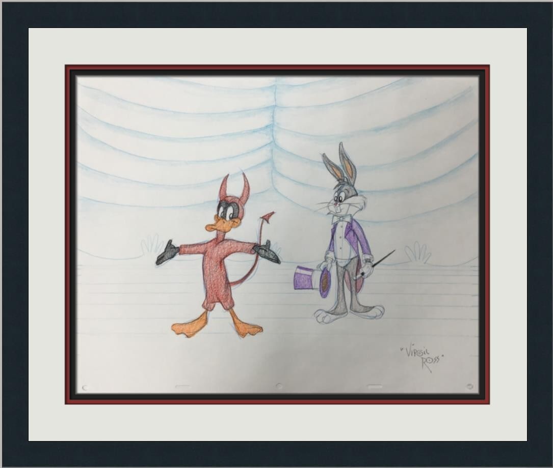 Virgil Ross Signed Bugs Bunny Daffy Duck Model Sheet Framed Art: Virgil Ross Signed Bugs Bunny Daffy Duck Model Sheet Framed Art This stunning original model sheet drawing features the beloved characters Bugs Bunny and Daffy Duck, skillfully illustrated by legendar