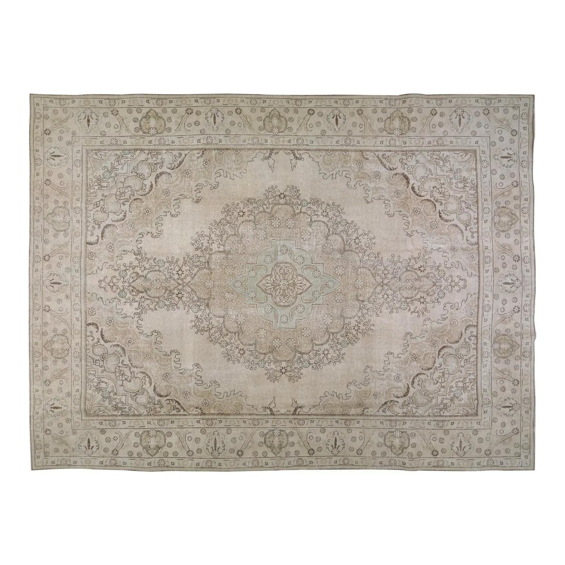 Tabriz Wool Area Rug Hand Knotted 9'6" x 13' Almond Vintage: Tabriz Wool Area Rug Hand Knotted 9'6" x 13' Almond Vintage This vintage Tabriz hand-knotted wool rug showcases traditional craftsmanship, combining timeless artistry with a modern design sensibility.