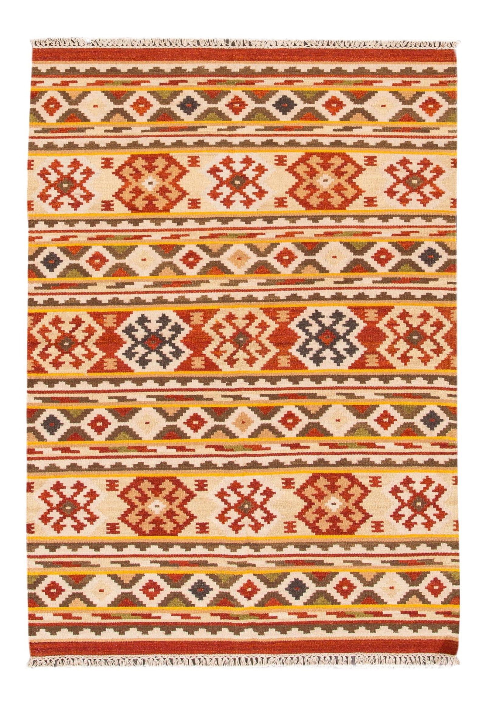 Colorful Modern Kilim Hand-Knotted Wool Rug 4'9 x 6'9: Colorful Modern Kilim Hand-Knotted Wool Rug 4'9 x 6'9 Enhance your living space with this vibrant Modern Kilim handmade wool rug. Featuring a striking tan field adorned with multi-color geometric acce