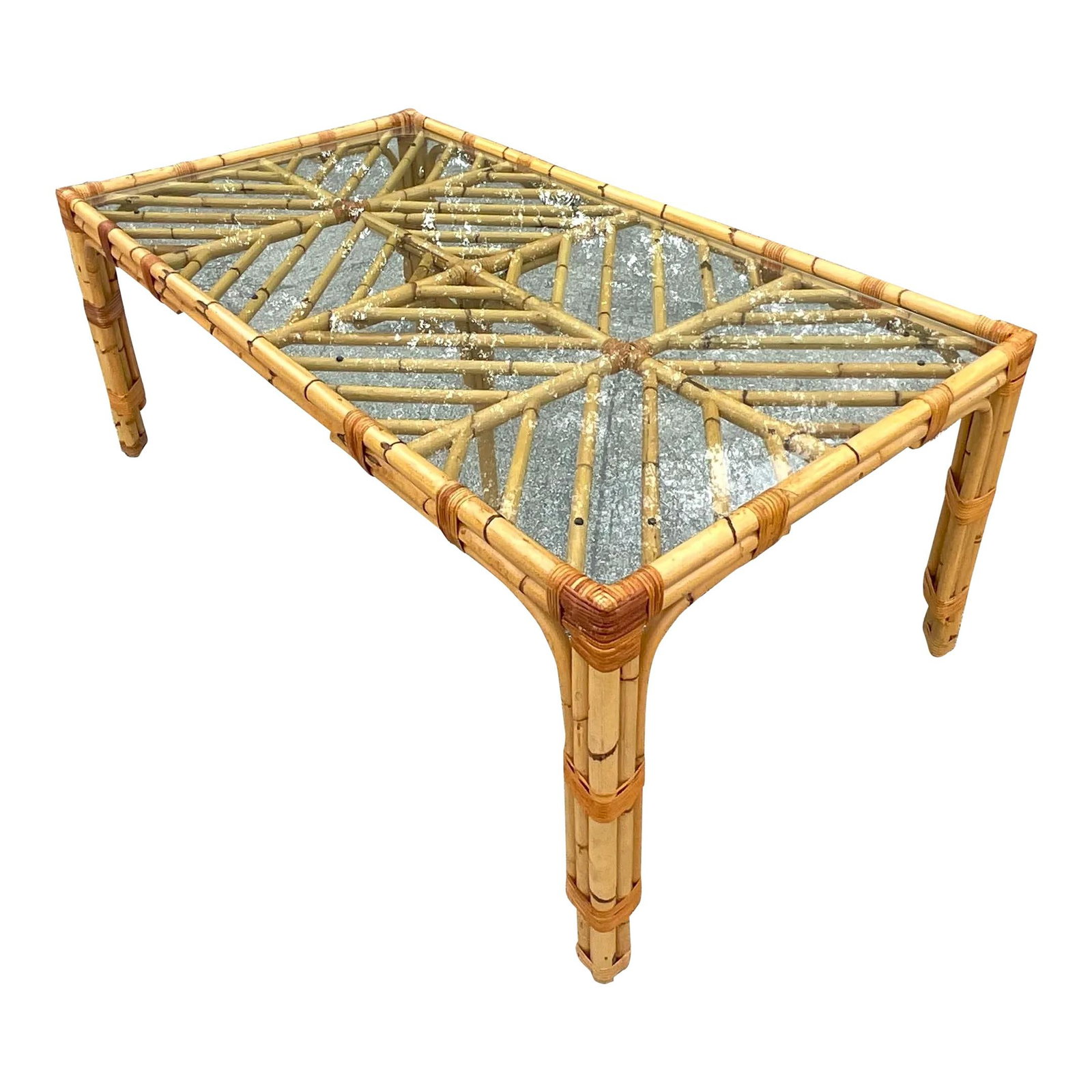 Vintage Coastal Bamboo Chevron Dining Table with Glass Top: Vintage Coastal Bamboo Chevron Dining Table with Glass Top This stunning late 20th-century vintage Coastal dining table features a stylish bamboo frame adorned with a chic Chevron design. The elegant 