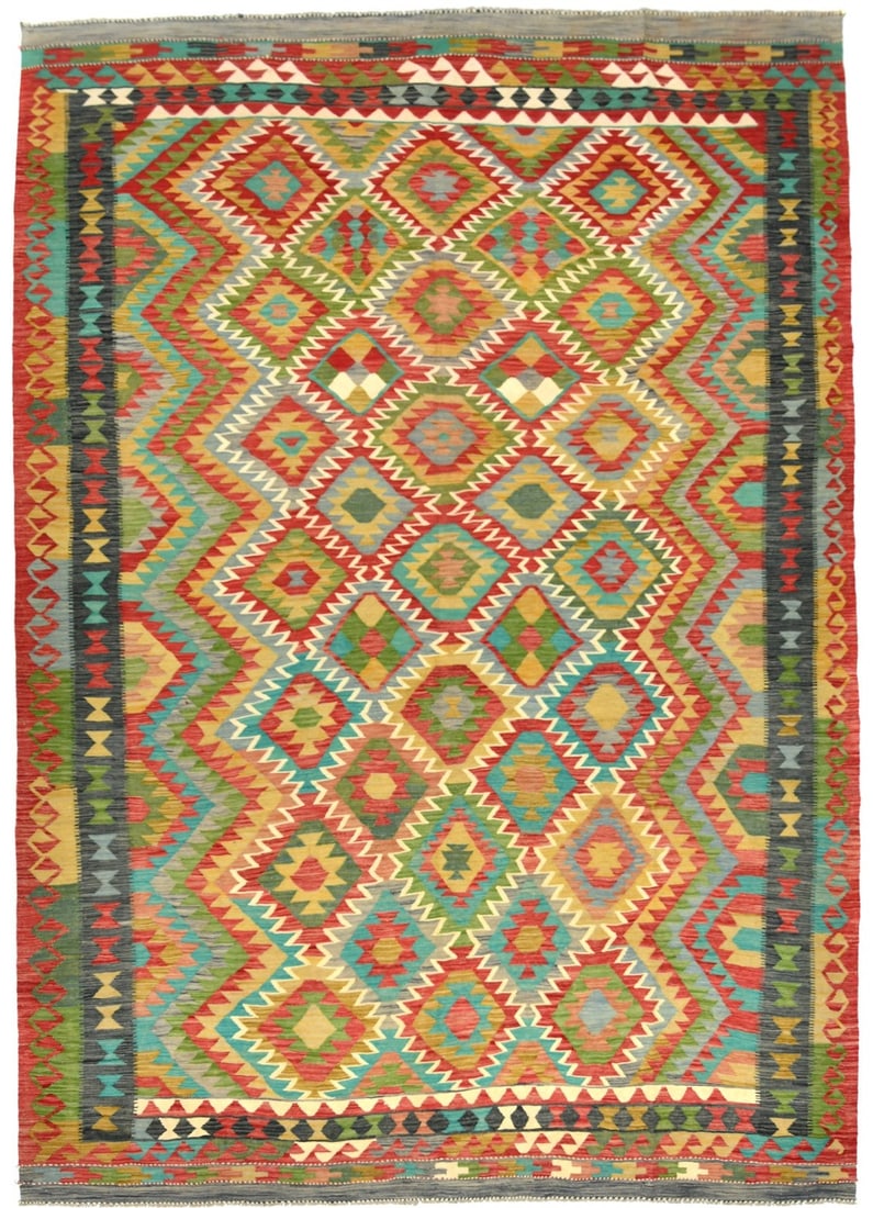 Oversized Reversible Multicolored Geometric Kilim Rug 10'11 x 15'10 ft Wool Handmade (1 of 13)