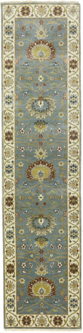 Hand-Knotted Wool Osh Chobi Peshawar Runner Rug 2'5 x 10' Floral Blue Gray: Hand-Knotted Wool Osh Chobi Peshawar Runner Rug 2'5 x 10' Floral Blue Gray This hand-knotted Osh Chobi Peshawar runner rug features a blue-gray base with cream, rusty red, tan, and dark teal floral pa