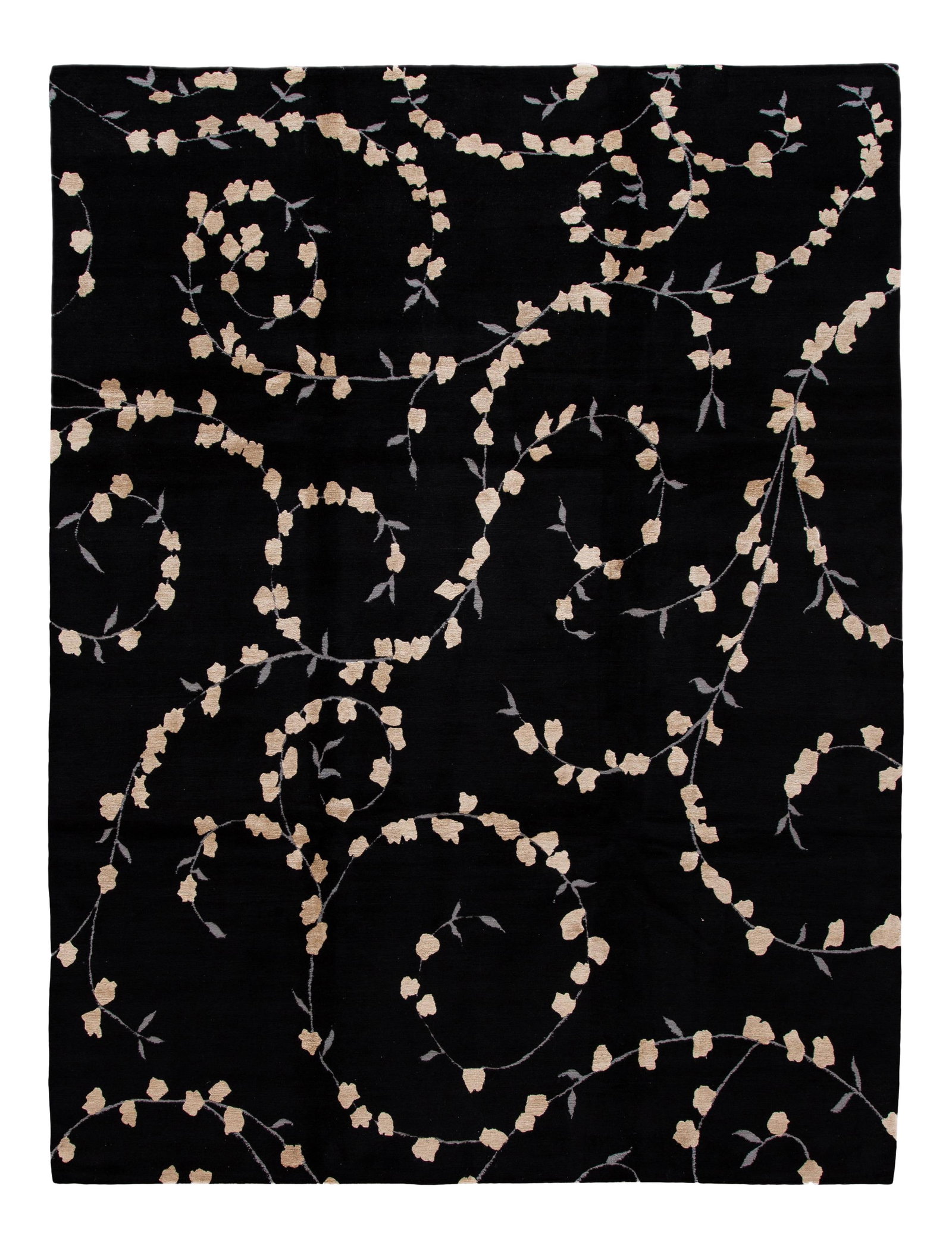 Elegant Black Tibetan Wool Silk Rug 9' x 12' Botanical Floral Design: Elegant Black Tibetan Wool Silk Rug 9' x 12' Botanical Floral Design Enhance your living space with this exquisite Transitional Tibetan hand-knotted rug, featuring a striking black field adorned with 