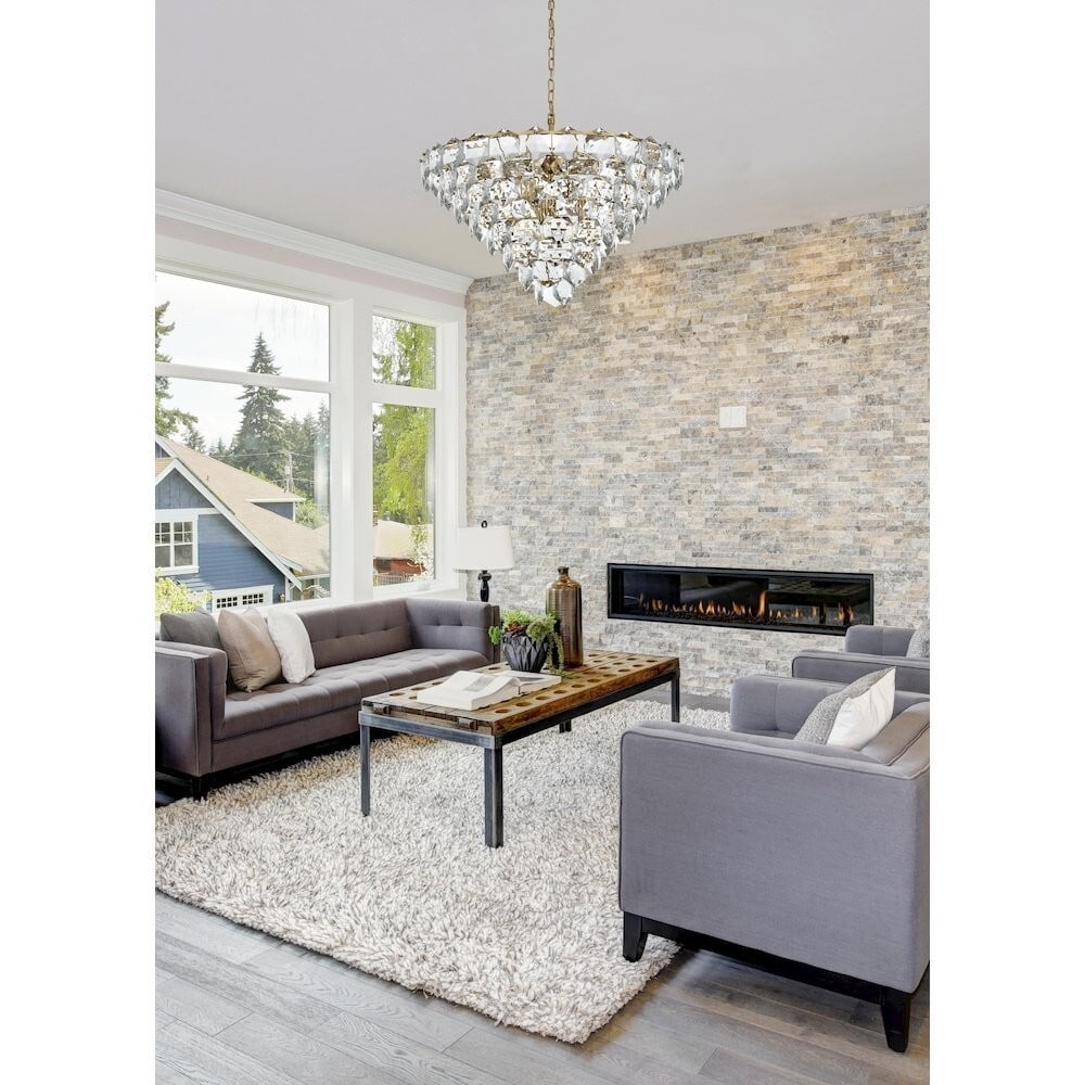 Adaline 15 Light Crystal Foyer Chandelier Satin Gold 32 Inch: Adaline 15 Light Crystal Foyer Chandelier Satin Gold 32 Inch This modern crystal chandelier features a high-quality satin gold finish and is designed for use in dining rooms, living rooms, bedrooms, h