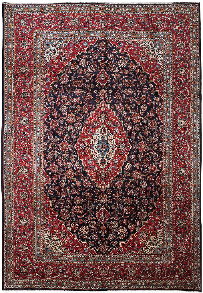9 x 12 Signed Persian Kashan Rug Hand Knotted Wool Navy Blue Iran: 9 x 12 Signed Persian Kashan Rug Hand Knotted Wool Navy Blue Iran Free continental US Shipping This hand-knotted Persian Kashan area rug features a deep navy blue field accented by rich red, ivory, be
