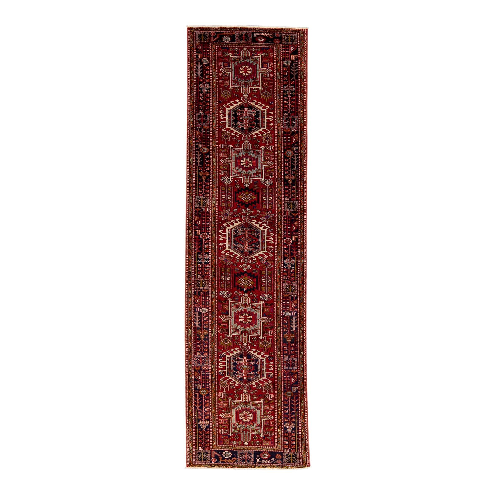 Antique Heriz Persian Wool Rug Red Geometric Design 3'10 x 14'3: Antique Heriz Persian Wool Rug Red Geometric Design 3'10 x 14'3 This stunning antique Heriz handmade wool rug features a vibrant all-over red field, beautifully accented with multi-color geometric med