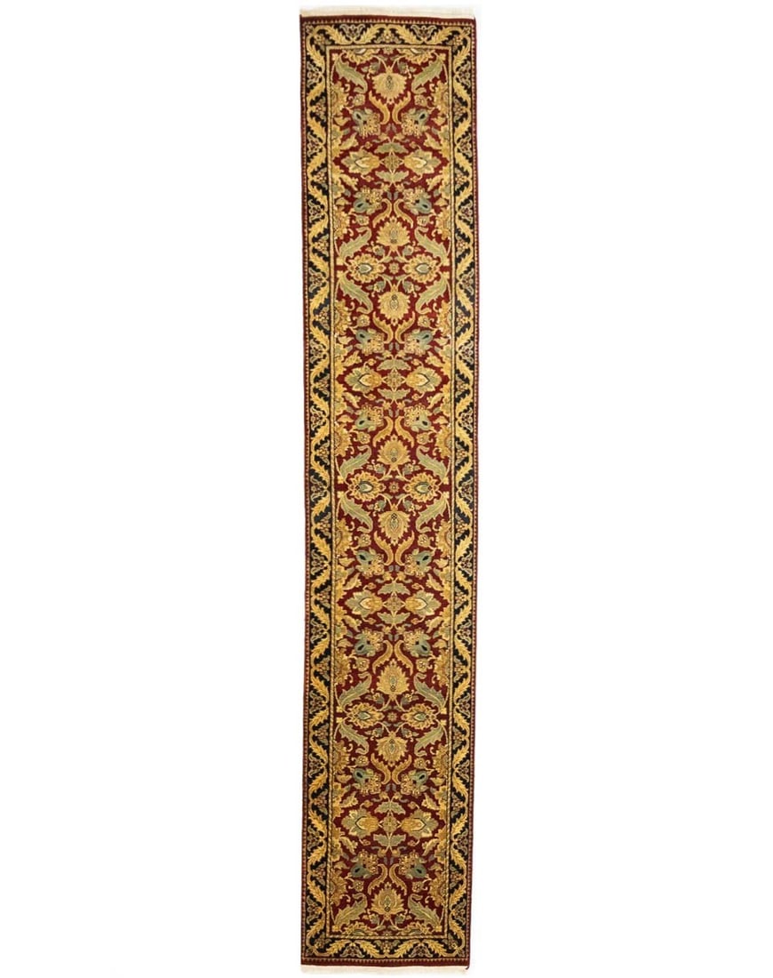 Hand Knotted Wool Floral Runner Rug 2'6 x 14'0: Hand Knotted Wool Floral Runner Rug 2'6 x 14'0 This handmade Agra Jaipur runner rug features a classic floral pattern in shades of red, charcoal, cream, gray, brown, and gold. Expertly hand-knotted fr