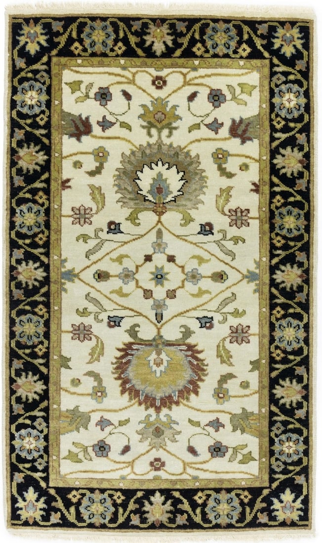 Hand-Knotted Wool Floral Rug 3x5 ft Modern Entryway Carpet: Hand-Knotted Wool Floral Rug 3x5 ft Modern Entryway Carpet This handmade Osh Chobi Peshawar rug features a traditional floral pattern with a blend of cream, black, rusty red, tan, blue-gray, gold, oli