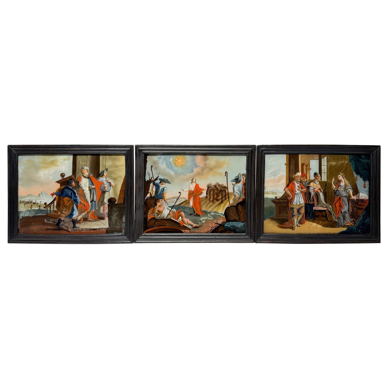 Set of 3 Baroque 19th Century Italian Allegorical Reverse Glass Paintings: Set of 3 Baroque 19th Century Italian Allegorical Reverse Glass Paintings This captivating set of three 19th-century allegorical reverse glass paintings showcases richly detailed narratives filled wit