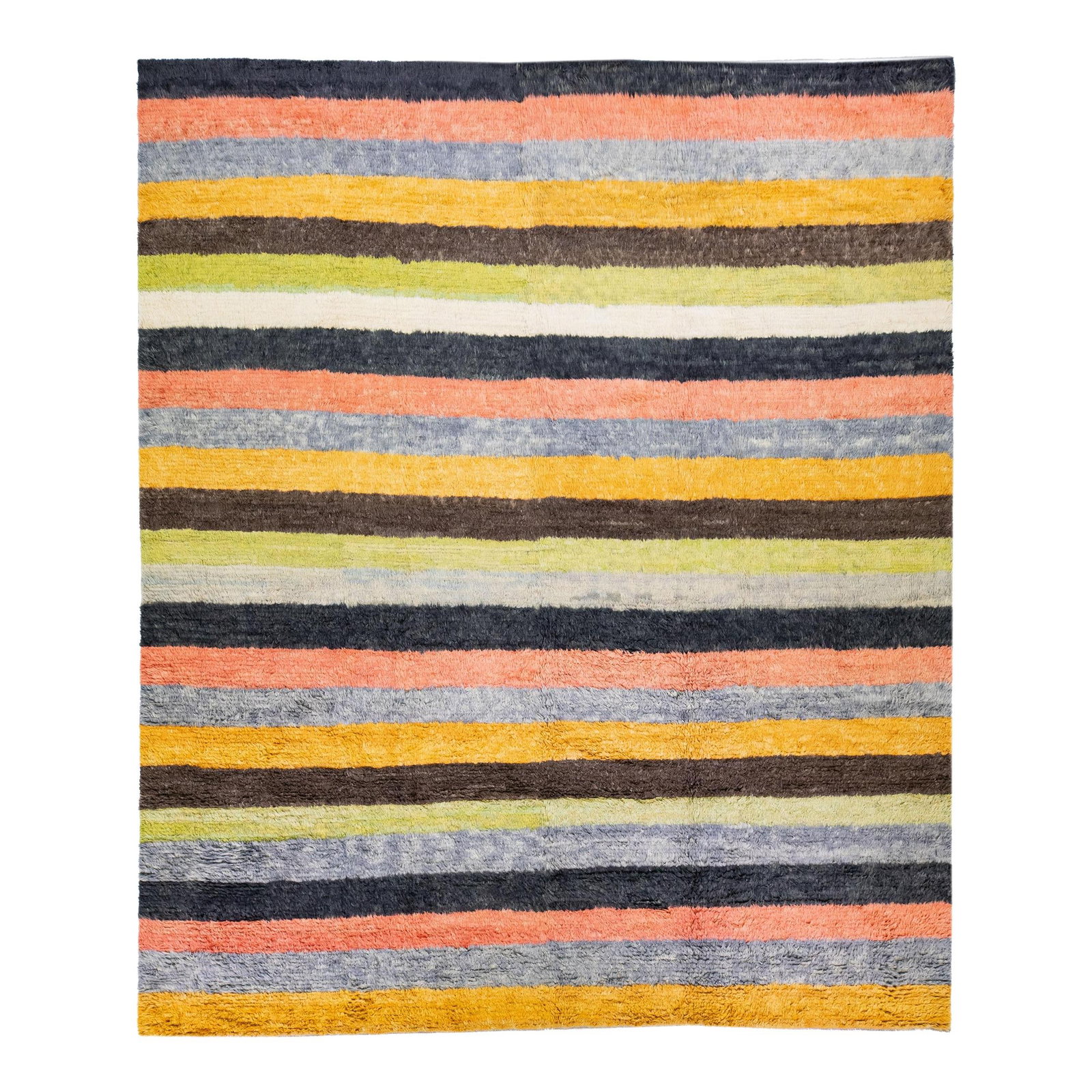Vibrant Multicolor Striped Tulu Handmade Wool Rug 13' x 15': Vibrant Multicolor Striped Tulu Handmade Wool Rug 13' x 15' Enhance your space with this stunning modern Tulu hand-knotted wool rug featuring a vibrant multicolor striped design. Measuring 13' x 15', 