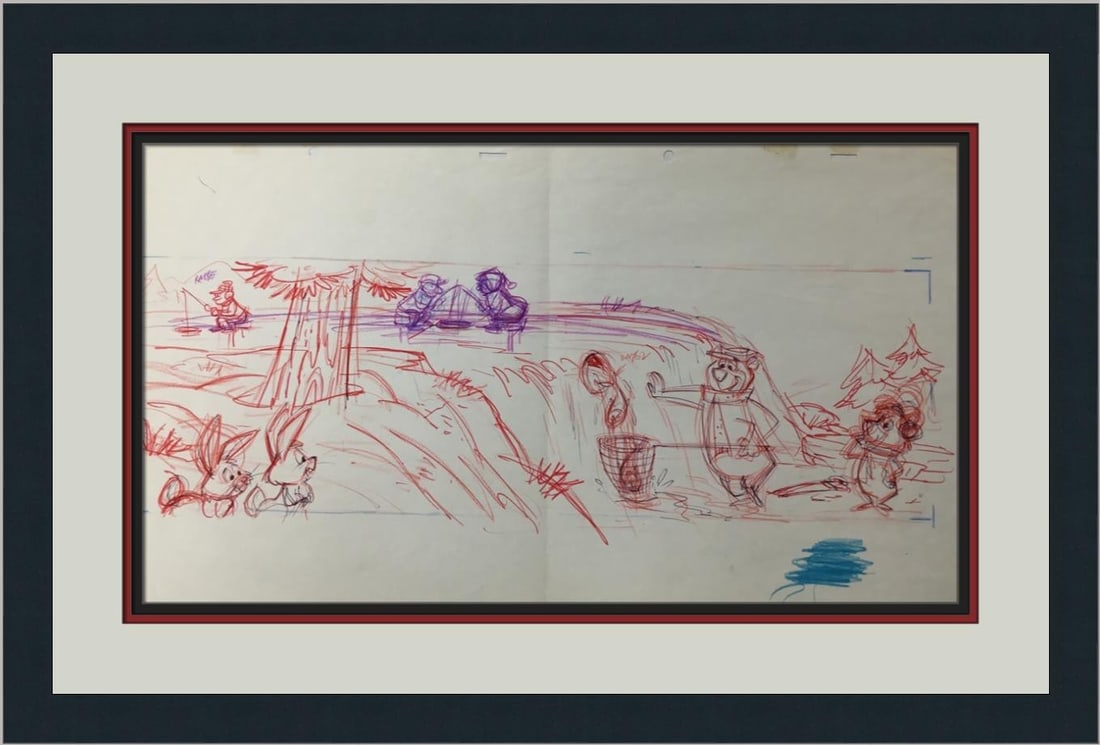 Framed Yogi Bear Hanna Barbera 1970 pencil model sheet art: Framed Yogi Bear Hanna Barbera 1970 pencil model sheet art This is an original production model sheet drawing from the Hanna-Barbera animation studio, featuring Yogi Bear. Rendered in pencil on animat